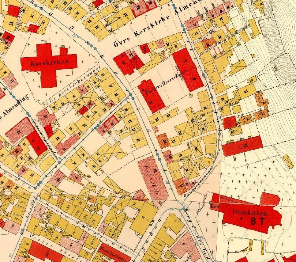 07/12/16 Historisk Utvikling av området Historisk kart 1880 Middelalderens struktur og gatenett er videreført Hovedgrunnen til at bygningstrukturen ble bevart etter bybrannen i 1702 var