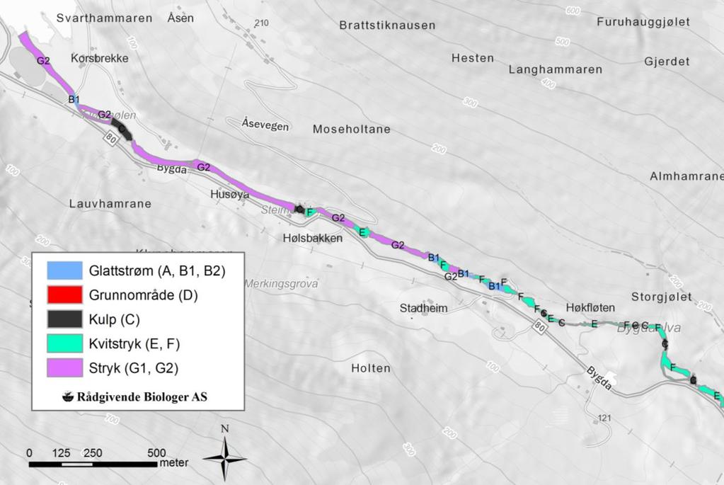 sjøen. Registreringene er gjort ved en vannføring på 2,9 m³/s.