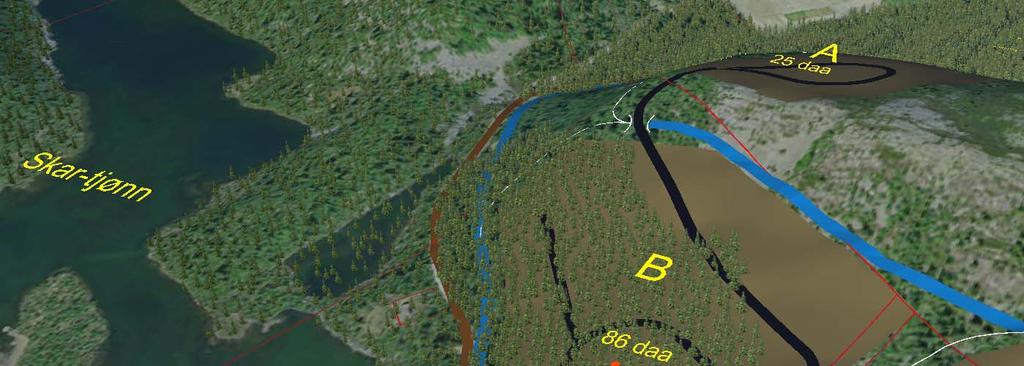 Skardtjønn-området og områder mot Hestknappen Illustrasjonen viser at den omsøkte utbygging er noenlunde i akseptabel avstand til vassdrag (100 m) ved Skardtjønn.