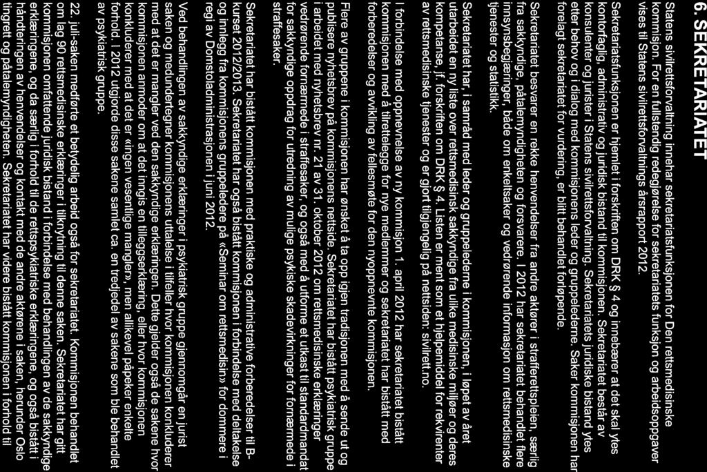 ÅRSRAPPORT DEN RETTSMEDISINSKE KOMMISJON 2012 6. SEKRETARIATET Statens sivilrettsforvaltning innehar sekretariatsfunksjonen for Den rettsmedisinske kommisjon.