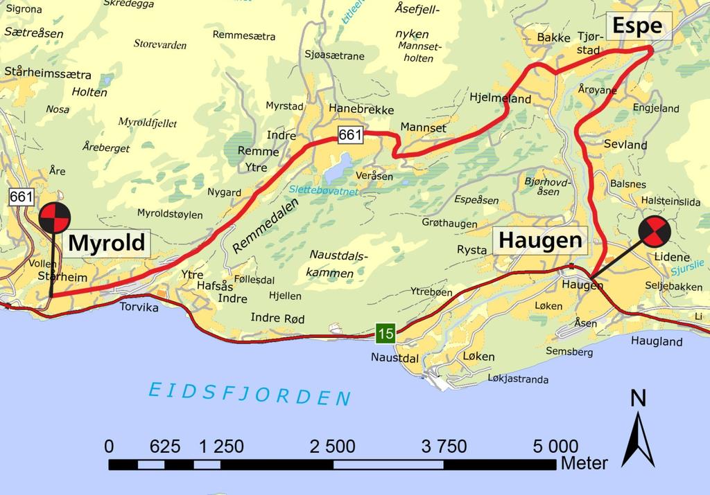 2. Vegen sin noverande og framtidige funksjon 2.1 Omfanget, utstrekninga og funksjonen til vegen Fylkesveg 661 startar i krysset med riksveg 15 ved Haugen og går til krysset med rv.