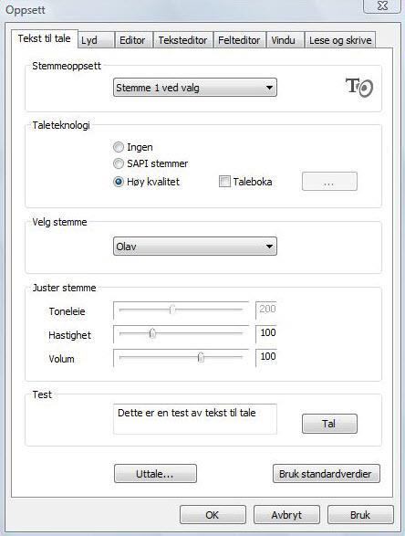 I gruppen "Juster stemme" kan du stille toneleie, hastighet og volum ved å dra spakene til høyre eller venstre. Klikk OK.