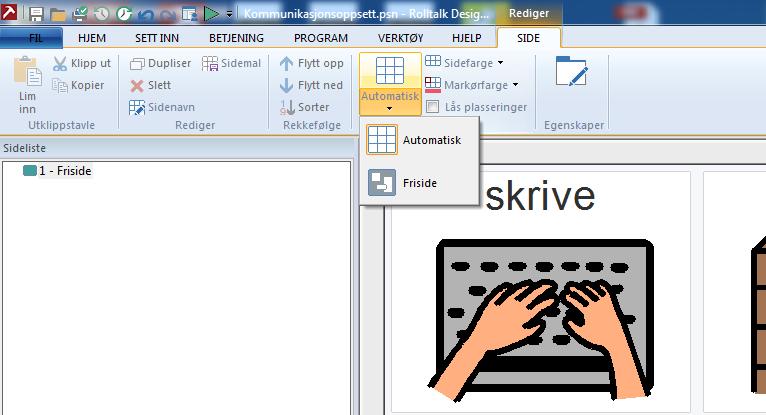 Dette gjør du ved å markere siden du har opprettet i sidelisten klikk på Automatisk/Friside og velg sidetype. Tips!