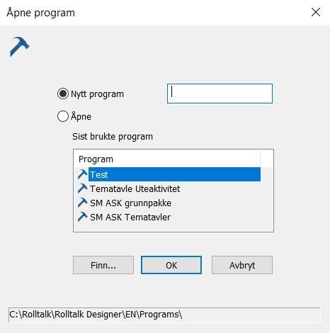 Klikk OK. Rolltalk Designer for Print starter og du kommer inn i hovedvinduet. Hvis du vil åpne et program som noe du allerede har laget, velg åpne. De sist brukte programmene ligger i listen.