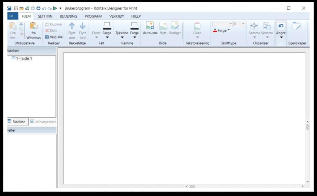 Hovedvindu i Rolltalk Designer for Print Du kommer nå inn i hovedvinduet i Rolltalk Designer for Print.