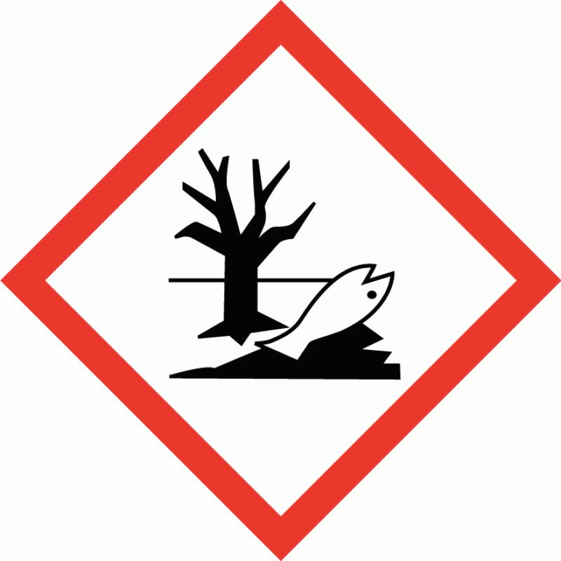 Piktogram Faresetning Advarselssetninger H411 Giftig, med langtidsvirkning, for liv i vann. P273 Unngå utslipp til miljøet. P391 Samle opp spill.