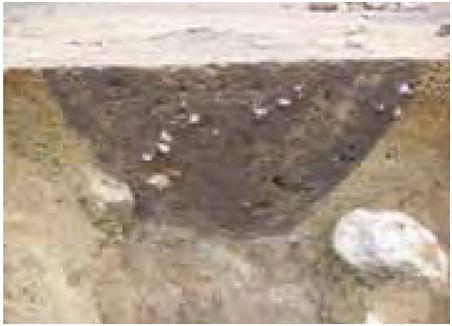Figur 3: Tverrsnitt av fotgrøft (Gjerpe 2005) Figur 4: Fotgrøft sett ovenfra (Gjerpe 2005) Ved noen av gravene har man funnet rester av aske, som kan tyde på at det i enkelte tilfeller var vanlig å