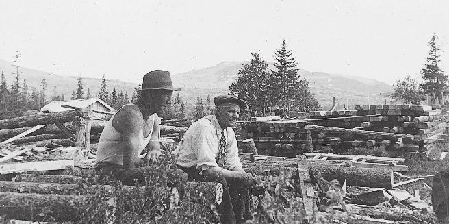 I løpet av denne tiden var det saget nok tømmer til yttervegger, gulv, tak og skil- Schulzhytta tar form. Foto: Magne Haave Sschulzhytta sto ferdig i 1948.