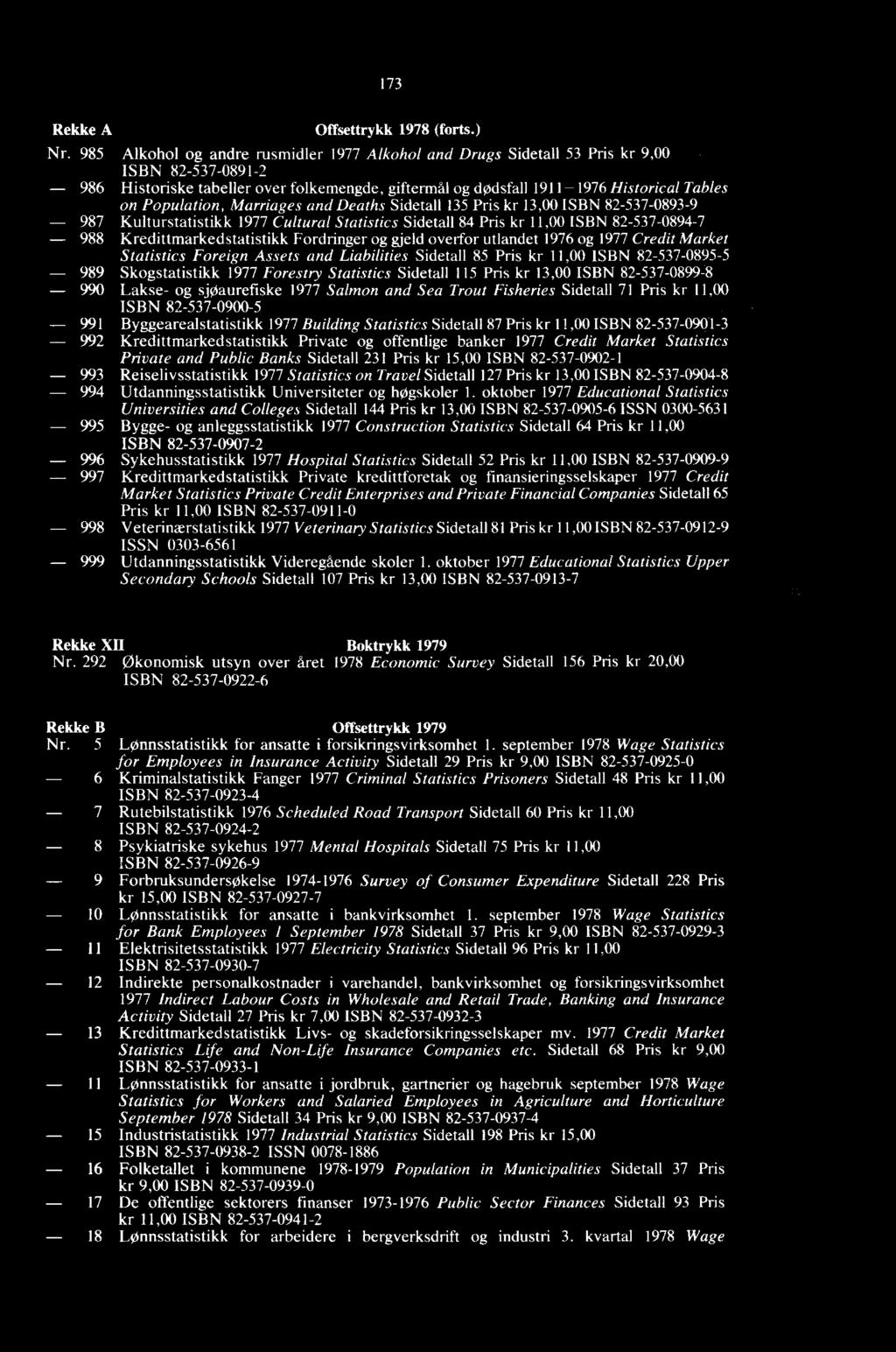 Population, Marriages and Deaths Sidetall 135 Pris kr 13,00 ISBN 82-537-0893-9 987 Kulturstatistikk 1977 Cultural Statistics Sidetall 84 Pris kr 11,00 ISBN 82-537-0894-7 988 Kredittmarkedstatistikk