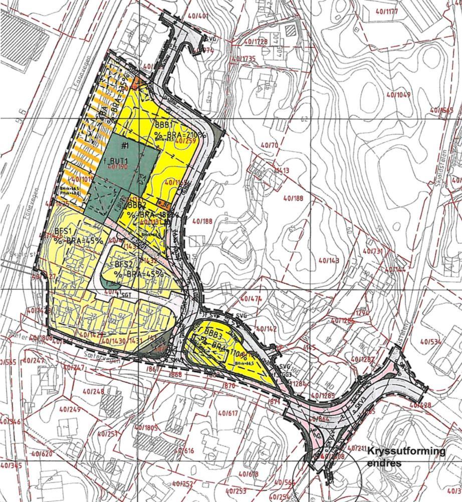 Plan mot Fanaveien, PLAN-ID_1201 62800000: Planutkastet griper delvis inn i reguleringsplanen for Fanaveien 46-50; I forbindelse med at krysset mellom Sætervegen og Bjørnevegen skal omarbeides, vil