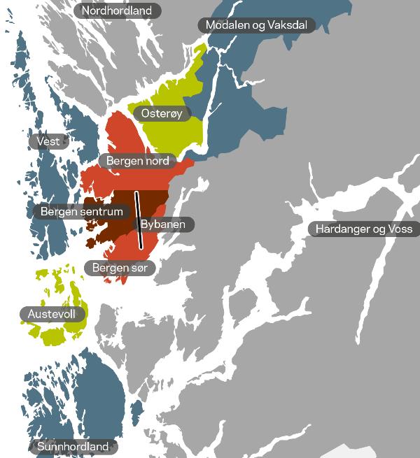 Side 2/8 Kartet under illustrerer geografisk inndeling av kontraktsområdene i fylket. Bergensområdet står for ca. halvparten av totale brutto kostnader til drift kollektiv i Hordaland.