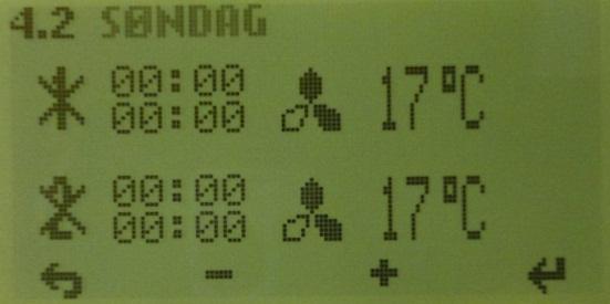 Velg ønsket tilluftstemperatur du ønsker i perioden. Instillinger mellom 15 21 C 4.3 Hver dag må programmeres enkeltvis.