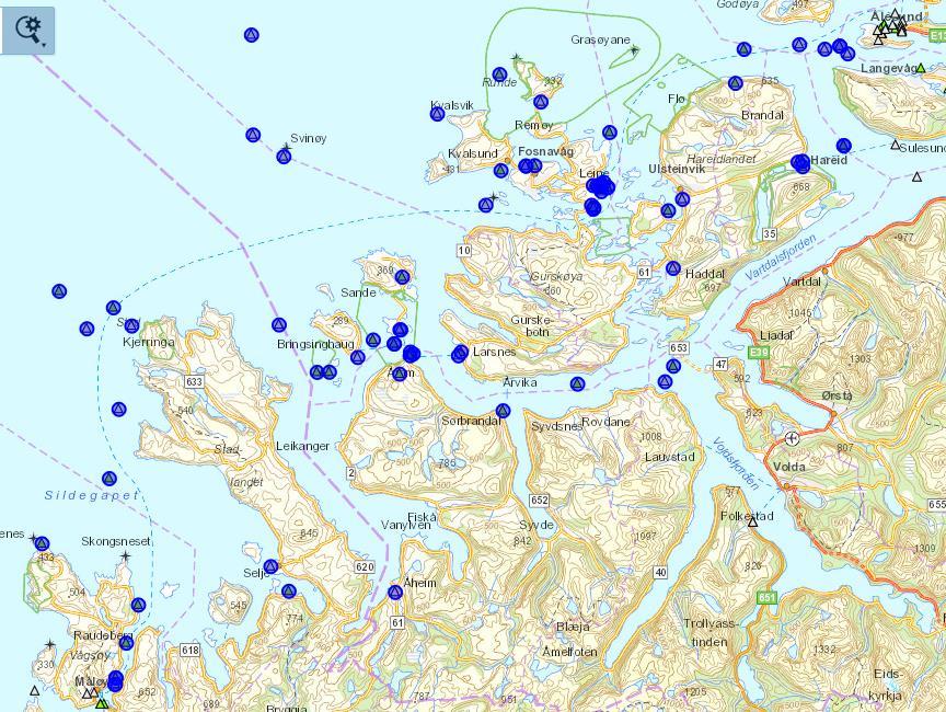 Figur 4-7 Oversikt over registrerte ulykke i analyseområdet Av disse registrerte ulykkene er det til sammen 58 ulykker som kan klassifiseres som navigasjonsulykker som er fokuset i denne analysen.