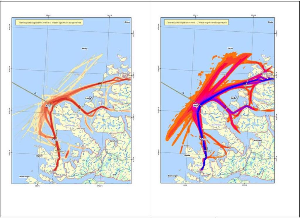 Figur 5-19: Trafikktetthetsplott ved Stadt ved henholdsvis 6-7 meter bølgehøyde til