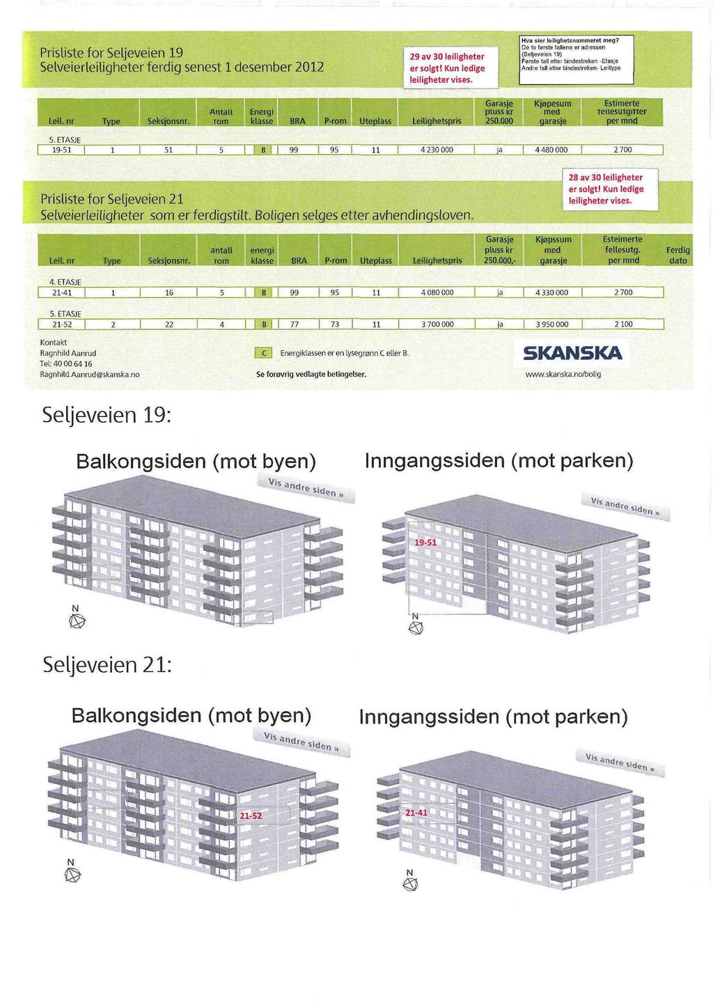 Prisliste for Seljeveien 19 Selveierleiligheter ferdig senest 1 desember 2012 29 av 30 leiligheter er solgt' Kun ledige leiligheter vises Hva sier le lighetsnummeret rriegt De to førete tallerib er