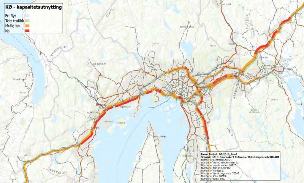 36 FREMTIDIG TRAFIKANTBETALING I OSLOREGIONEN Figur 5-4 Fremkommelighet i morgenrush 2014 (Køkart), Kilde RTM23+ Beregninger for Oslopakke 3 Fra Figur 5-4 kan man se at transportmodellen viser at det