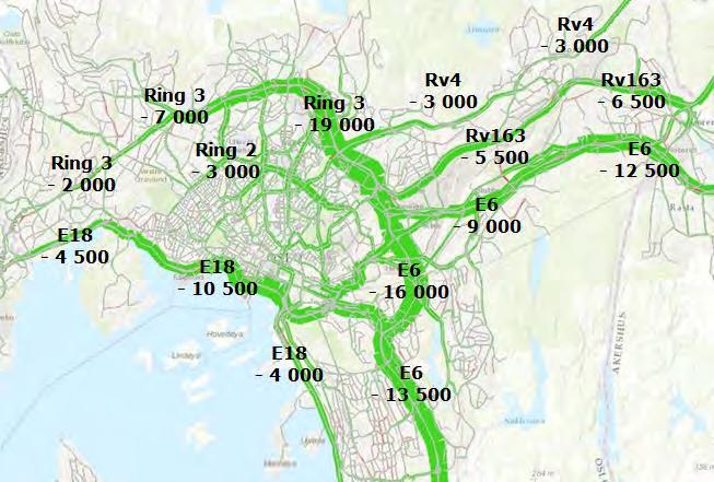 42 FREMTIDIG TRAFIKANTBETALING I OSLOREGIONEN Trafikkmengde på vegnettet Det er sammenlignet trafikkmengde på vegnettet i Referanse 2020 og Tiltak 2020.