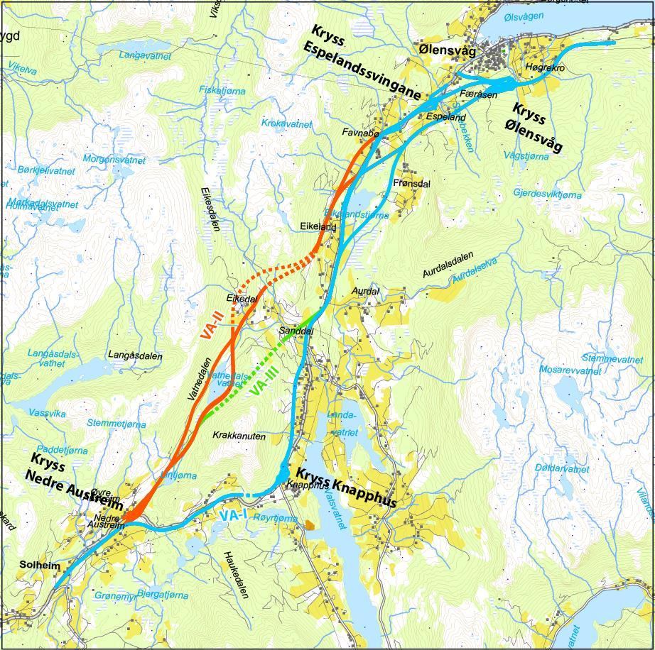 Hovudalternativ i delområde VA Hovudalternativ VA-II følgjer dagens korridor frå Solheim til Nedre Austreim. Her er det teikna eit kryss. Vidare er vegen lagt opp gjennom Vatnedalen.