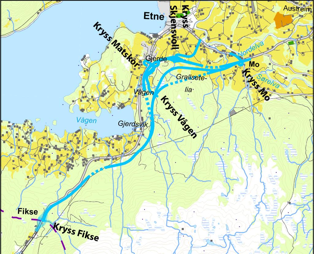 1.5.4 Delstrekning ØA: Fikse - Mo Frå Fikse går linja vidare på austsida av dagens veg eit stykke før den blir liggjande høgare oppe i lia austover mot Gjerdsvik /Vågen.