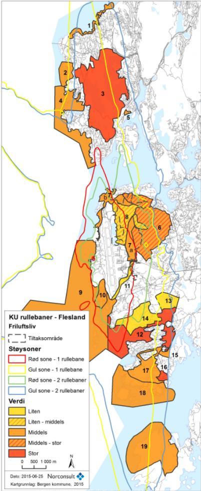 8.2.2 Verdivurdering - tiltaksområdet Verdikart for friluftsområder berørt både av tiltaksområdet (rullebane 2) og influensområdet (støysonene) kan sees til venstre på denne siden.