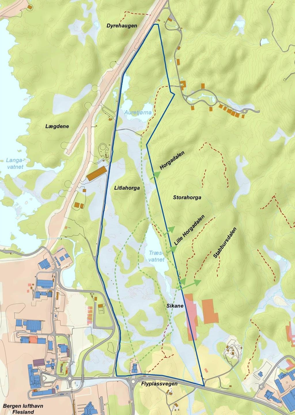 Figur 24: Område 7a Storrinden Vest. Blå linje er avgrensning av området. Grønne stiplete linjer viser omtrentlig forløp for noen av stiene i området.