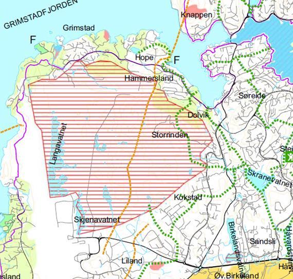 Den nordligste delen av planområdet drenerer til Grimstadfjorden i nord via Høgstølsbekken og Kvernabekken som renner ut i Vågen på Grimstad. Sjøørret går opp her, men det er dårlige gyteforhold.