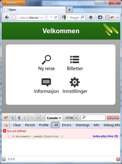 Firebug inneholder også en JavaScript konsoll (figur 10) som viser feil i koden som kjøres. Denne funksjonen har gruppen benyttet seg av mye gjennom prosjektet.