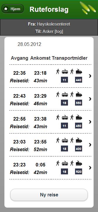 Neste side brukeren kommer til inneholder ruteforslag (Figur 9).