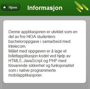 Informasjonssiden (Figur 18) viser en kort beskrivelse av applikasjonen.