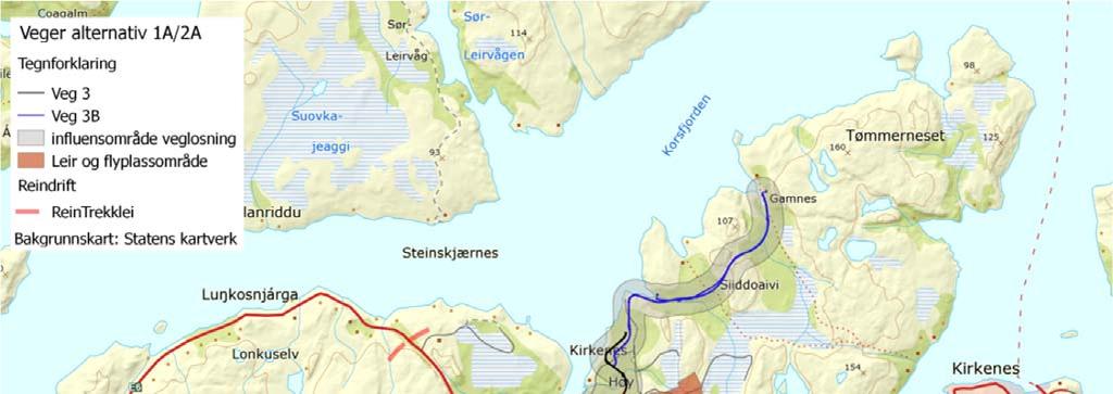 Figur 4: Kartet viser planlagte veger i utredningsalternativ 1A og 2A med