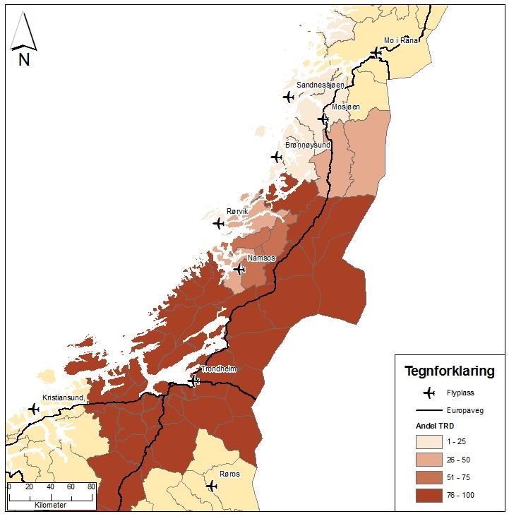 Kilde: TØI rapport 1106/2010. Figur 5.4: Trondheims funksjonelle influensområde. 2009. Prosent.