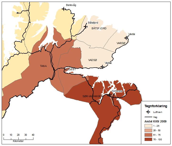 Kilde: TØI rapport 1106/2010. Figur 5.7: Kirkenes funksjonelle influensområde. 2009. Prosent.