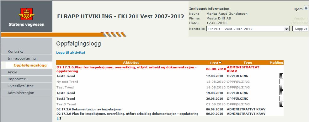 5 Oppfølgingslogg Ved å gå inn på Oppfølgingslogg får man en oversikt over aktiviteter med tilhørende frist for tilbakemelding og