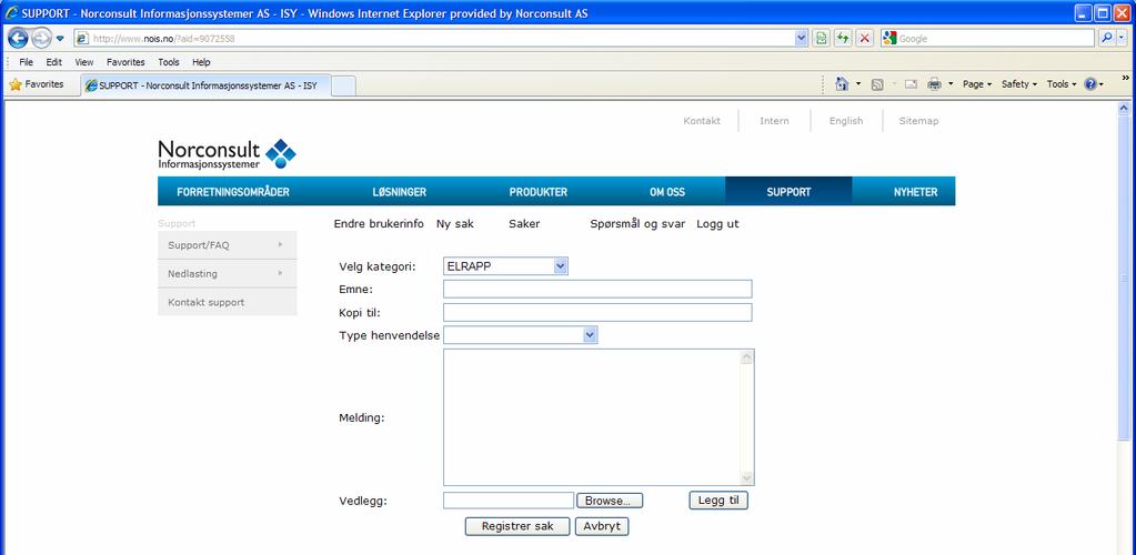 Support er bare tilgjengelig for superbrukere og administratorer. Ved å klikke på linken NOIS Kundesenter, logger man inn i Norconsult Informasjonssystemer sitt supportsystem.
