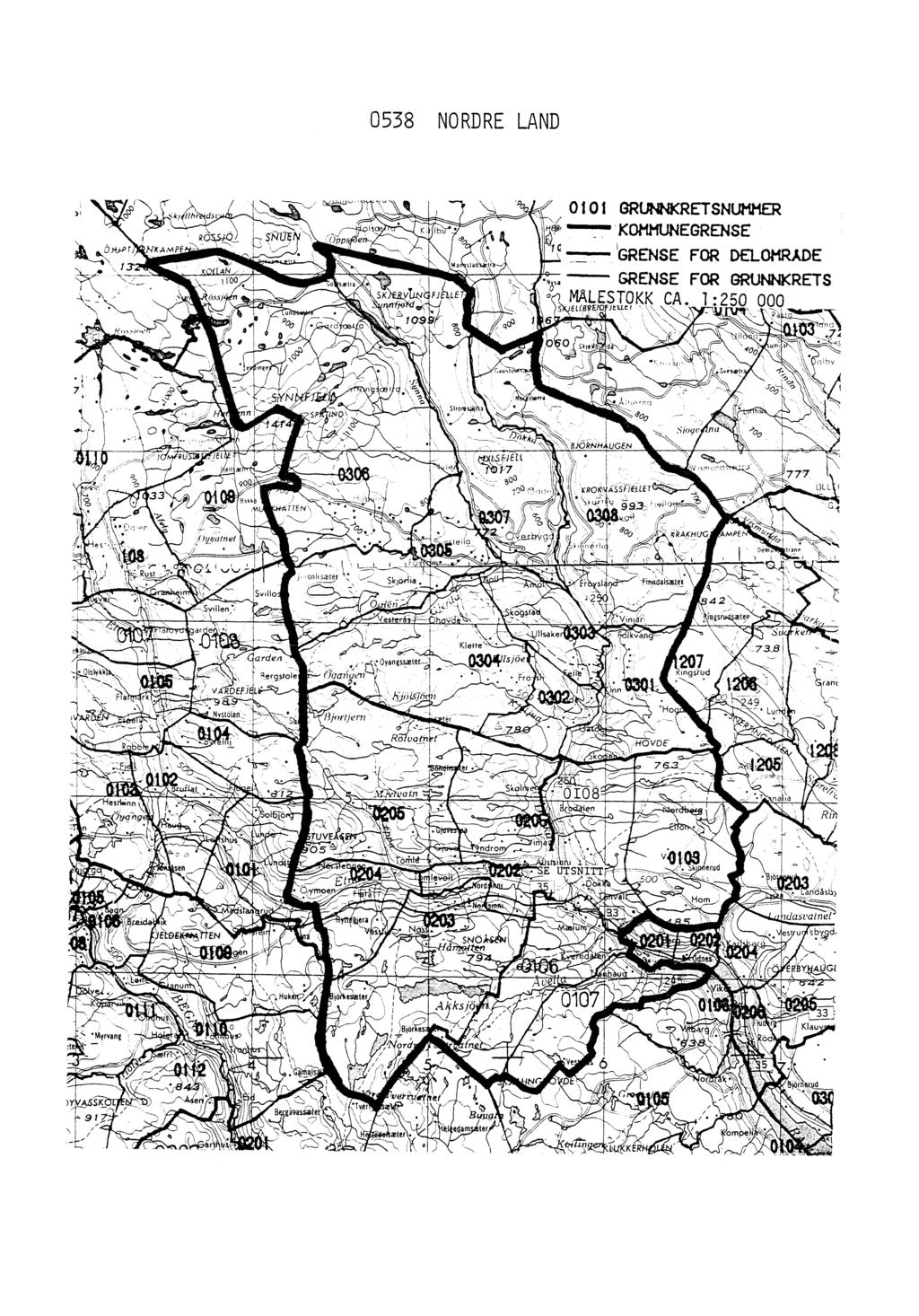 0538 NORDRE LAND \ örtj-pr 13' NKAMPE dsv sa oioi GRUNWRETSNUMER KOMMUNEGRENSE - GRENSE FOR DELOKUDE - GRENSE FOR GRUNNKRETS MÅLESTOKK CA.