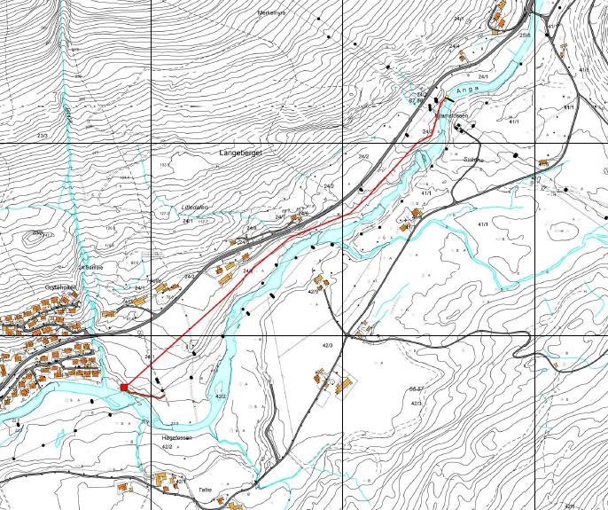 Side 2 av 6 Anga kraftverk. Inntak like ovanfor der kraftlinjer kryssar elva. Rørgate, raud strek. Jordkabel er også vist med raud farge.