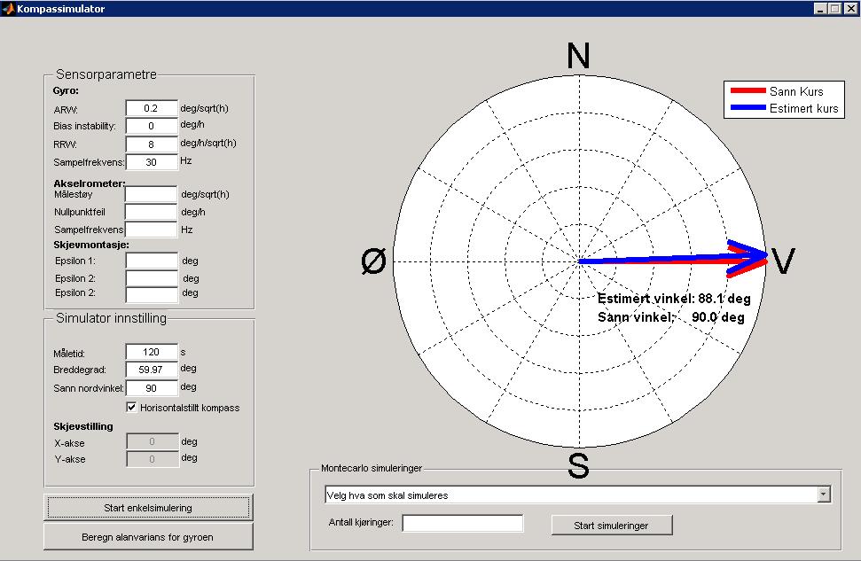 5.5. SAMMENLIGNING AV SIMULATOREN MED FORSØK PÅ RATEBORD 49 Figur 5.4: GUIen til simmulatoren. forhold til nord.