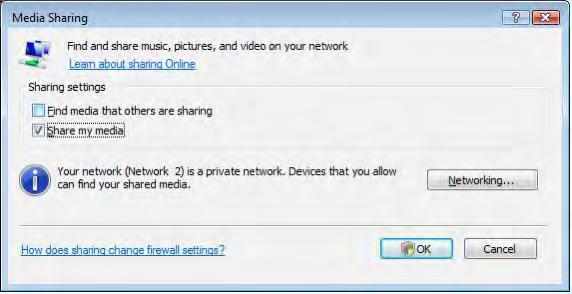 1 Windows Media Player v11 på Windows Vista 2 Angi nettverksdeling I Windows Media Player velger du