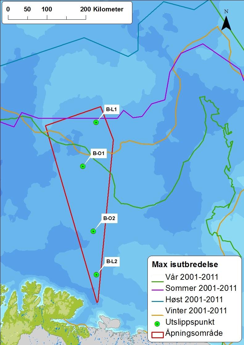 Figur 3-1 Iskantutbredelse presentert som månedsmidlete maksimale iskonsentrasjoner større enn 40-60 %