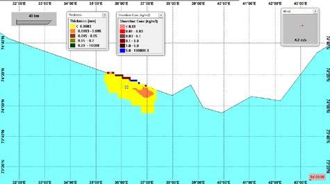 Figur 4-1 Enkeltsimulering for B-L1 sommer - tidsutviklingen av olje på overflaten presentert