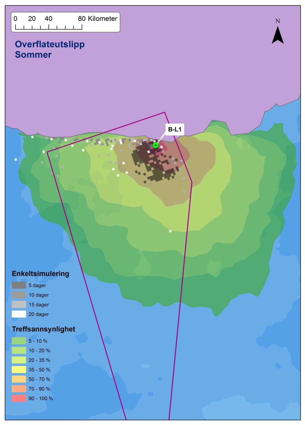 Figur 4-15 Modellert spredning av ett enkelt utslipp (én enkeltsimulering) fra B-L1 med startdato 1.