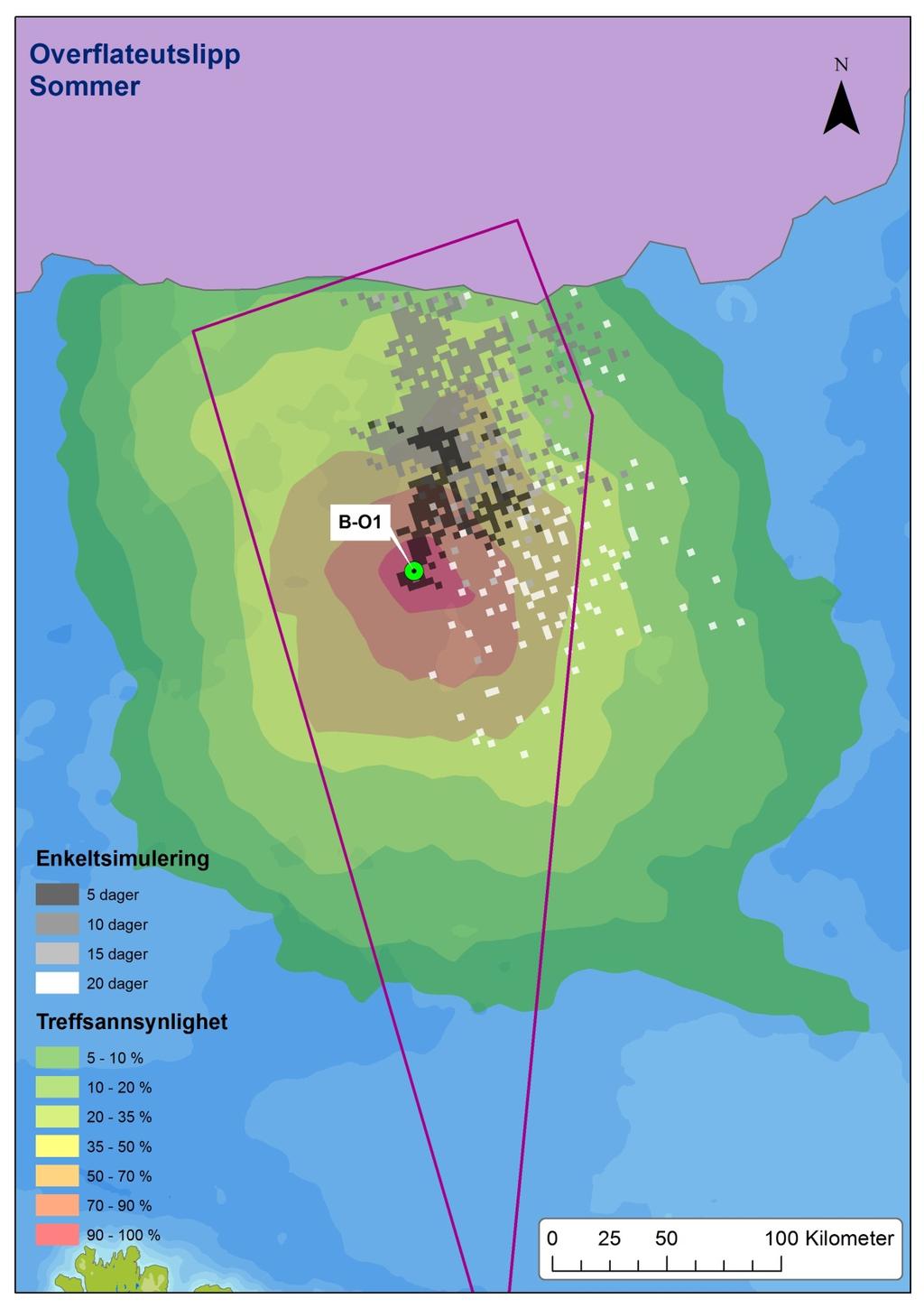 Figur 4-16 Modellert spredning av ett enkelt utslipp (én enkeltsimulering) fra B-O1 med startdato 12.