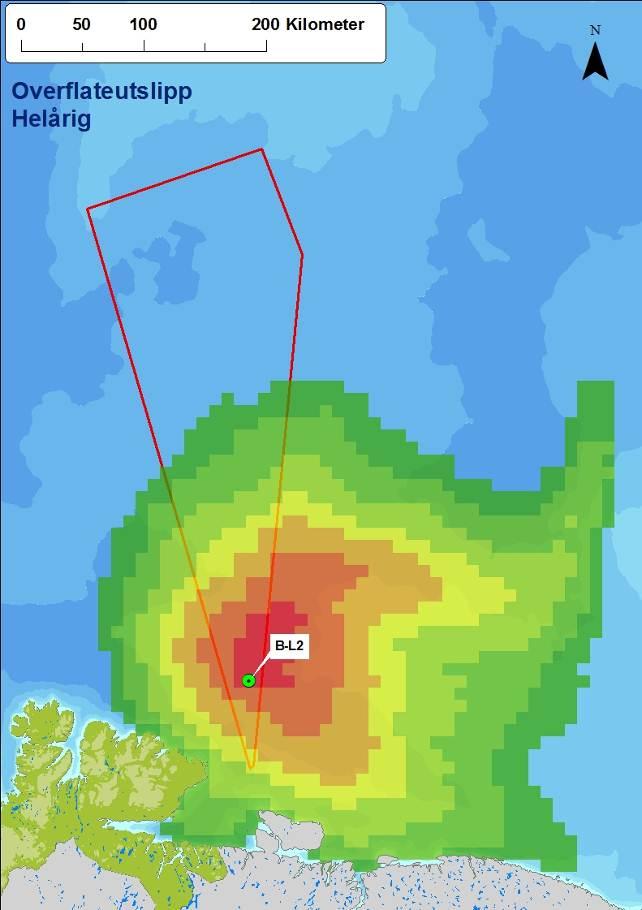 Figur 4-23 Sannsynligheten for treff av over 1 tonn olje i 10 10 km ruter gitt en overflateutblåsning (venstre) og sjøbunnsutblåsning (høyre) for B-L2 (siden influensområdet ikke treffer iskanten er