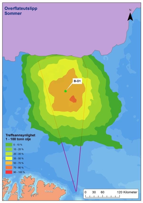 Figur 4-24 Sannsynligheten for treff av olje i ulike oljemengdekategorier, 1-100 tonn,