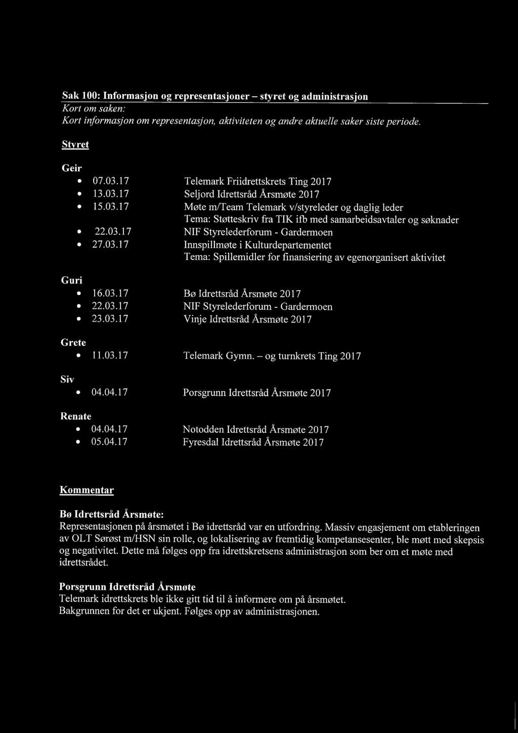 03.17 NIF Styrelederforum - Gardermoen 27.03.17 Innspillmøte i Kulturdepartementet Tema: Spillemidler for finansiering av egenorganisert aktivitet Guri 16.03.17 Bø Idrettsråd Årsmøte 2017 22.03.17 NIF Styrelederforum - Gardermoen 23.