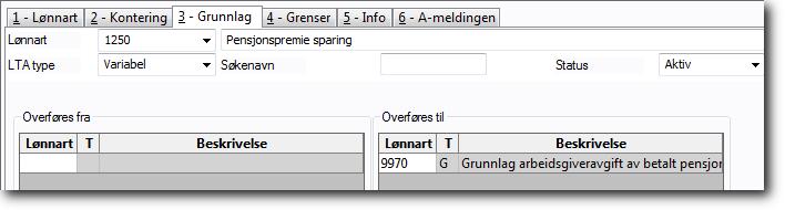 Du kan opprette en lønnart for hver beløpstype, eller kun én dersom du ikke ønsker å dele opp beløpene i de ulike typene. Beløpstypene er: Sparing, Risikopremie og Omkostninger.