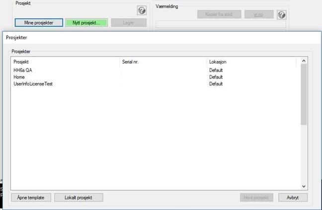 6.2.2.1 Prosjekt 6.2.2.1.1 Mine prosjekter Knappen Mine prosjekter åpner en dialogboks hvor du kan finne fram til ønsket prosjekt.