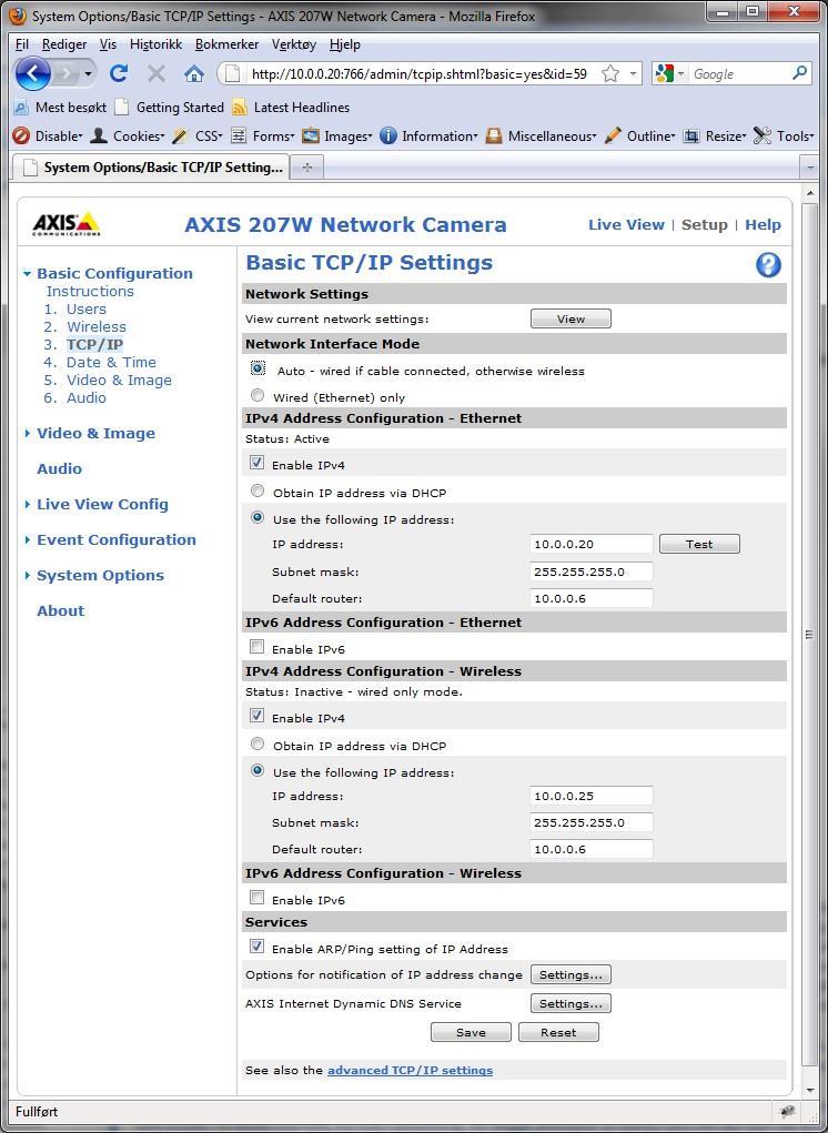 2. Gå til Basic Configuration c. Velg TCP/IP i. Velg fast IP-adresse ved å velge Use the following IP address. ii.