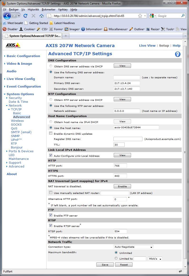 3. Gå til System Options d. Velg Network i. Velg TCP/IP 1. Velg Advanced a. Under HTTP velger du ønsket port. b. Denne står standard til 80.