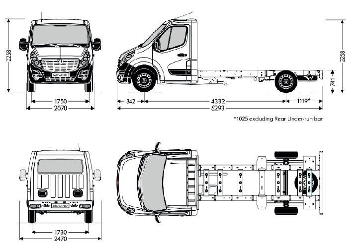 Tekniske spesifikasjoner - Chassis (FWD og RWD) Forskjell FWD og RWD versjon - Høyde RWD Chassis: 2276 mm - Bakkeklaring bak RWD: 775 mm FWD RWD Lengde L3 L3 Høyde H1 H1 Totalvekt 3500 kg 3500 kg